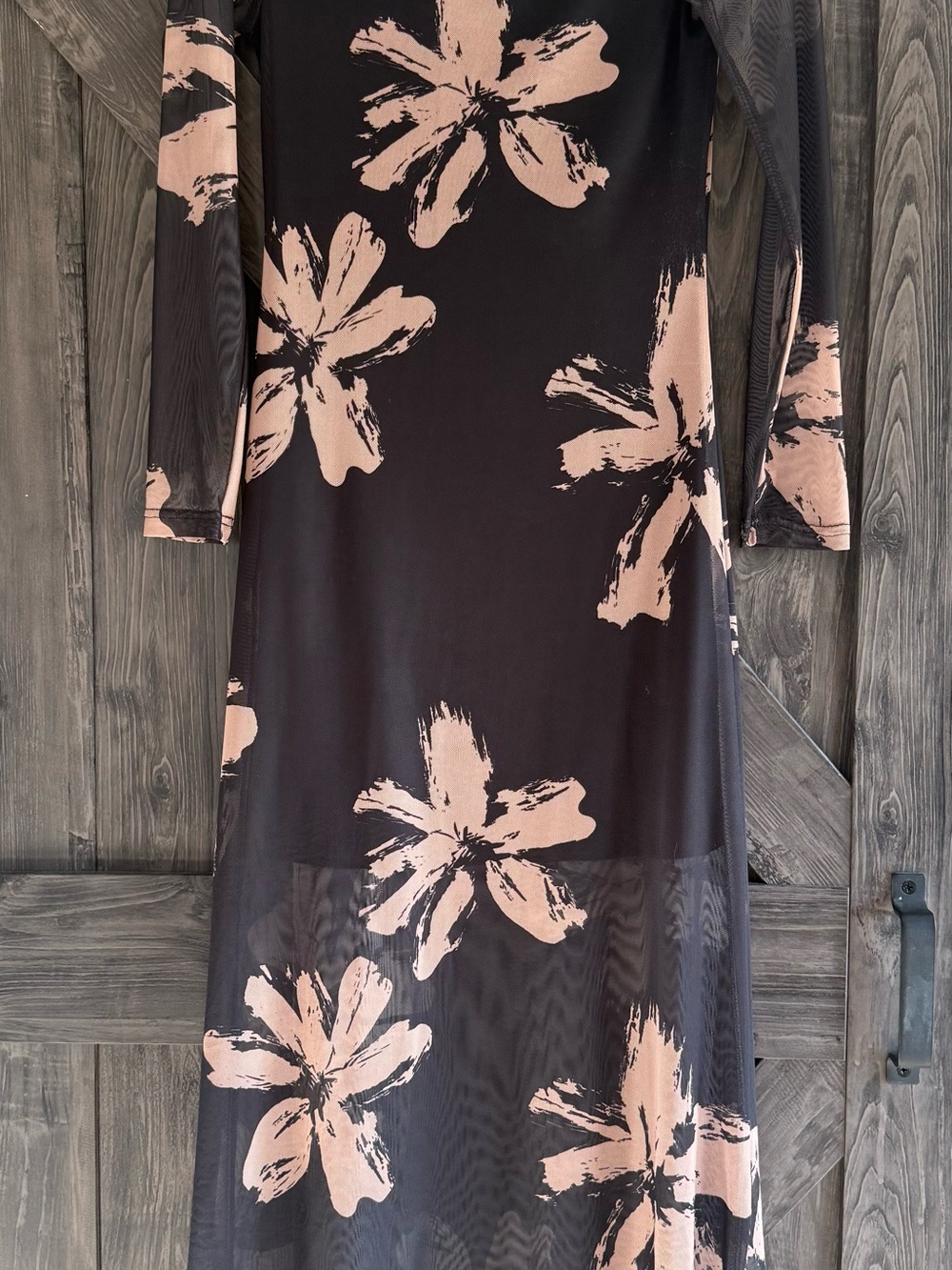 Black Maxi Dress with Blush Floral Print — Long Sleeve